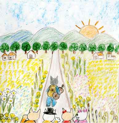 リュックを背負ったグレは4匹に見送られながら、旅立ったのです