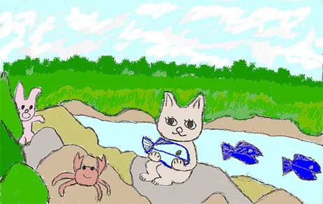 カノジョが捕った魚を食べようとしたそのとき、木陰からコウサギが！