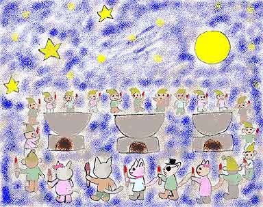 手に手に、たいまつを持って、グレたちもコロボックルの輪の中に加わりました。