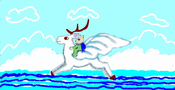 エミーがトミーの背中に乗ると、海へ向かって飛び立ちました