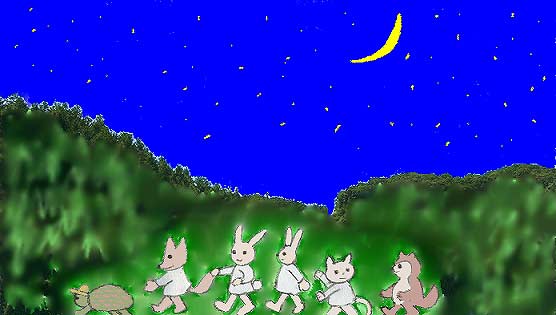 蛍の飛び交う夜の森へやってきたドリームスクールの生徒達